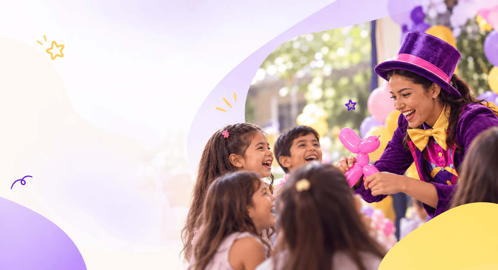 Animadora realizando un show de magia para niños en una fiesta infantil