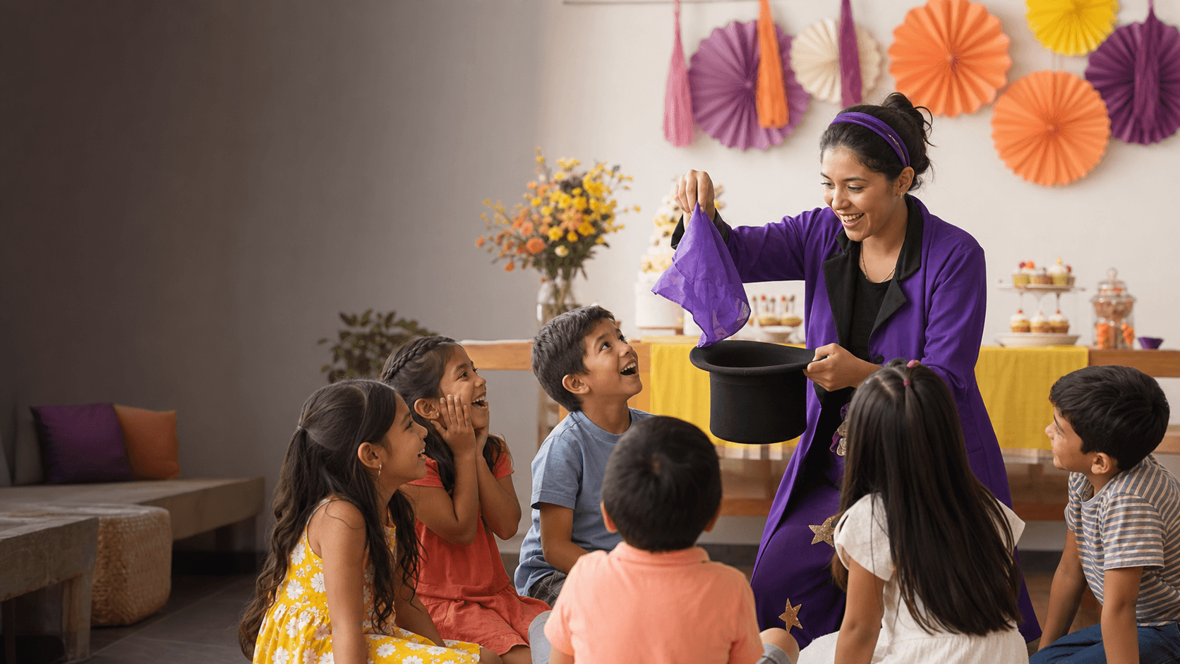 Animadora realizando un show de magia para niños en una fiesta infantil